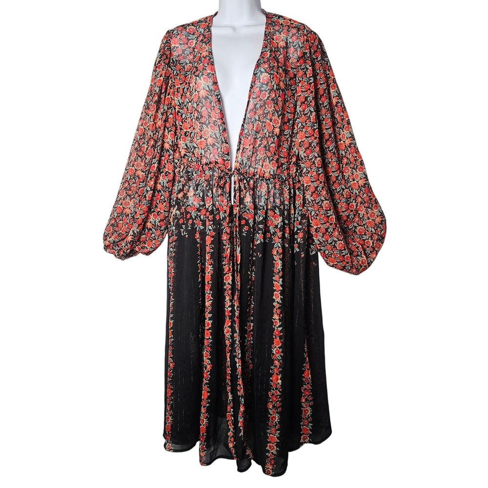 Torrid Floral Kimono Duster Size 0 (XL) Sheer Metallic Balloon Sleeve Duster